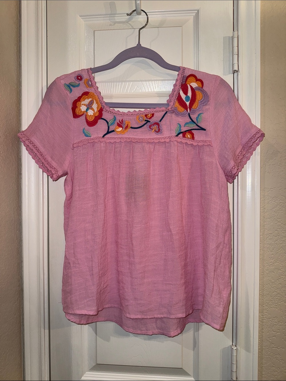 Blu Pepper Pink Embroidered Short-Sleeve Peasant Top